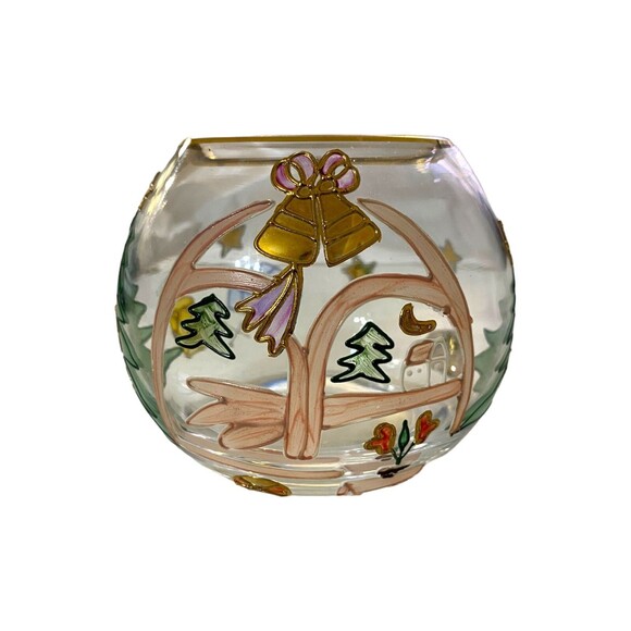 Christmas Bowl Vase Made in Romania Cut Crystal Clear 4" Handcrafted Gold Trim - Picture 2 of 8